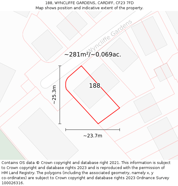 188, WYNCLIFFE GARDENS, CARDIFF, CF23 7FD: Plot and title map