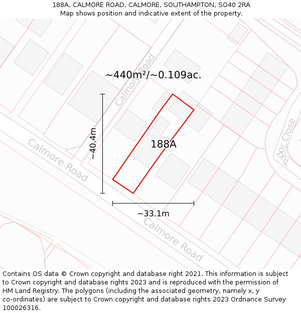 188A, CALMORE ROAD, CALMORE, SOUTHAMPTON, SO40 2RA: Plot and title map