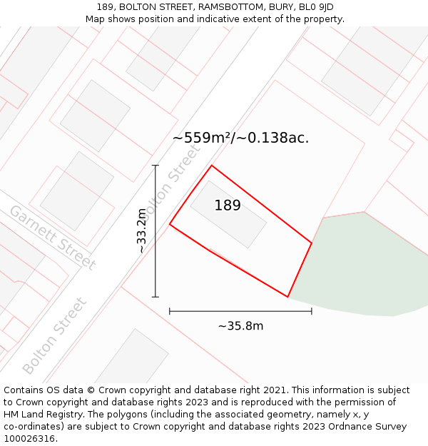 189, BOLTON STREET, RAMSBOTTOM, BURY, BL0 9JD: Plot and title map