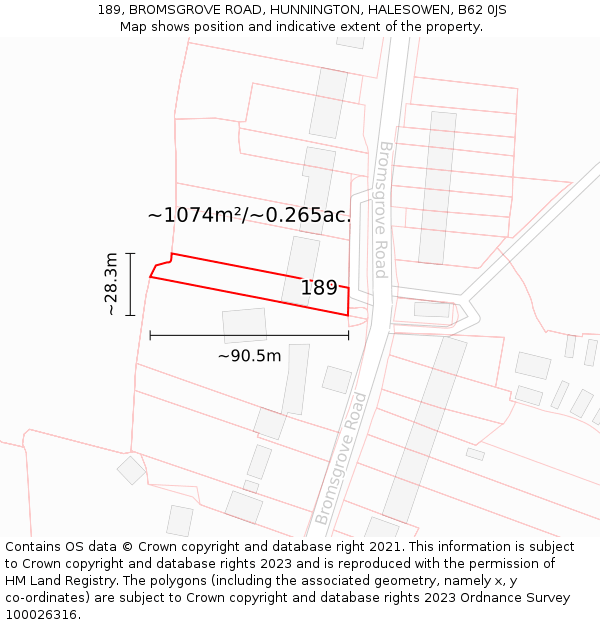 189, BROMSGROVE ROAD, HUNNINGTON, HALESOWEN, B62 0JS: Plot and title map