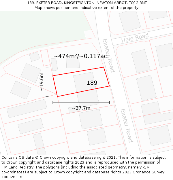 189, EXETER ROAD, KINGSTEIGNTON, NEWTON ABBOT, TQ12 3NT: Plot and title map