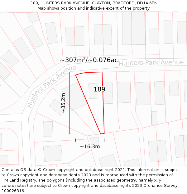 189, HUNTERS PARK AVENUE, CLAYTON, BRADFORD, BD14 6EN: Plot and title map