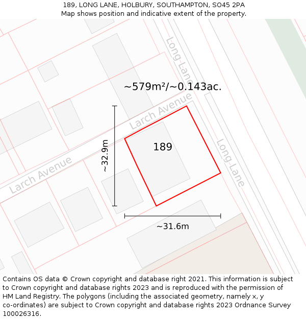 189, LONG LANE, HOLBURY, SOUTHAMPTON, SO45 2PA: Plot and title map