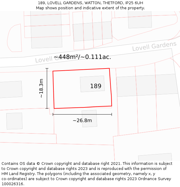 189, LOVELL GARDENS, WATTON, THETFORD, IP25 6UH: Plot and title map