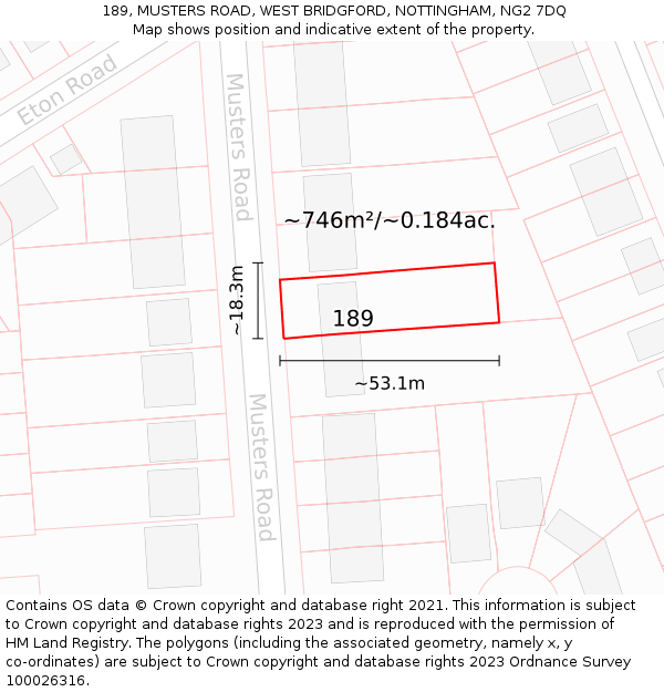 189, MUSTERS ROAD, WEST BRIDGFORD, NOTTINGHAM, NG2 7DQ: Plot and title map