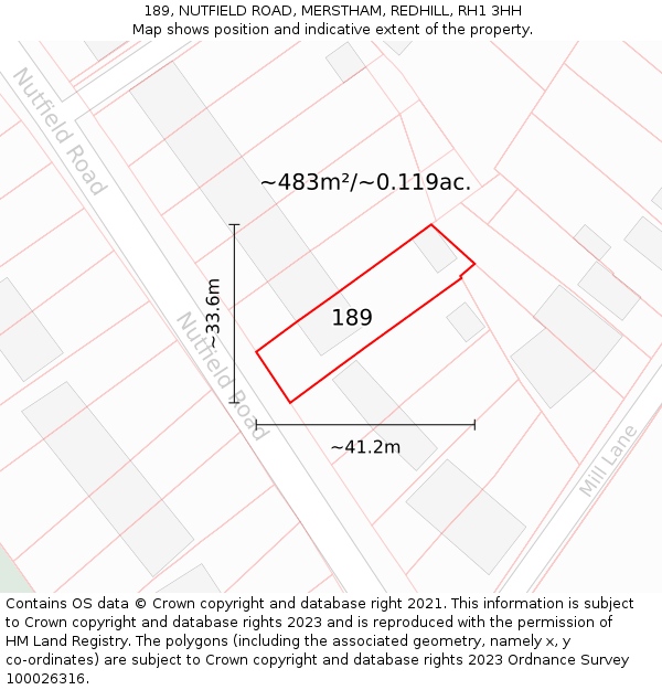 189, NUTFIELD ROAD, MERSTHAM, REDHILL, RH1 3HH: Plot and title map