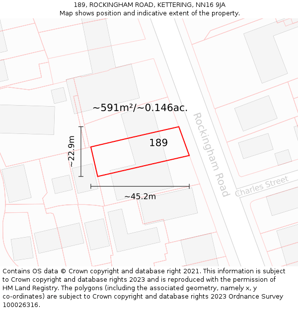 189, ROCKINGHAM ROAD, KETTERING, NN16 9JA: Plot and title map