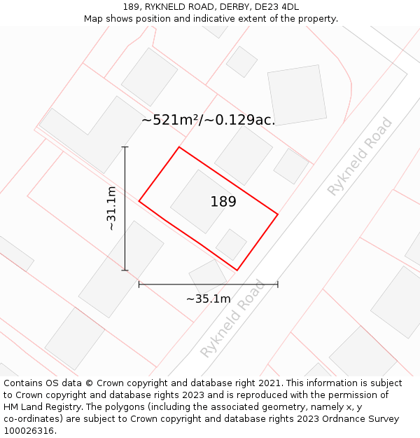 189, RYKNELD ROAD, DERBY, DE23 4DL: Plot and title map