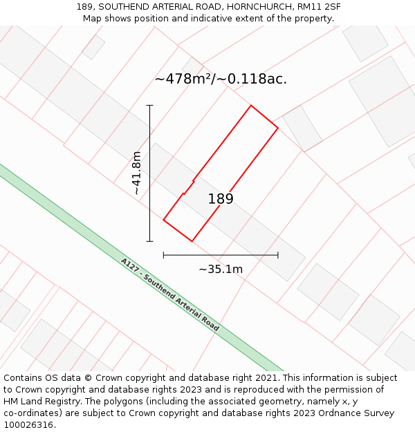189, SOUTHEND ARTERIAL ROAD, HORNCHURCH, RM11 2SF: Plot and title map