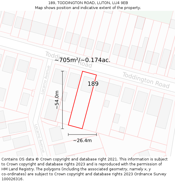 189, TODDINGTON ROAD, LUTON, LU4 9EB: Plot and title map