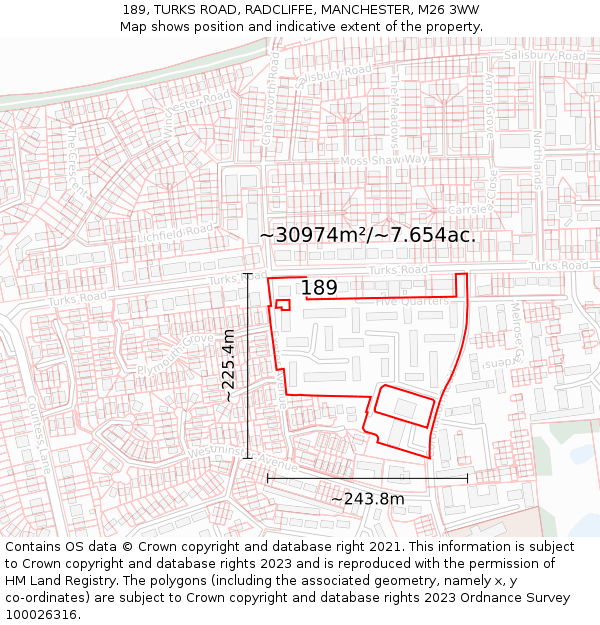 189, TURKS ROAD, RADCLIFFE, MANCHESTER, M26 3WW: Plot and title map