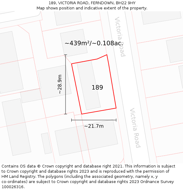 189, VICTORIA ROAD, FERNDOWN, BH22 9HY: Plot and title map