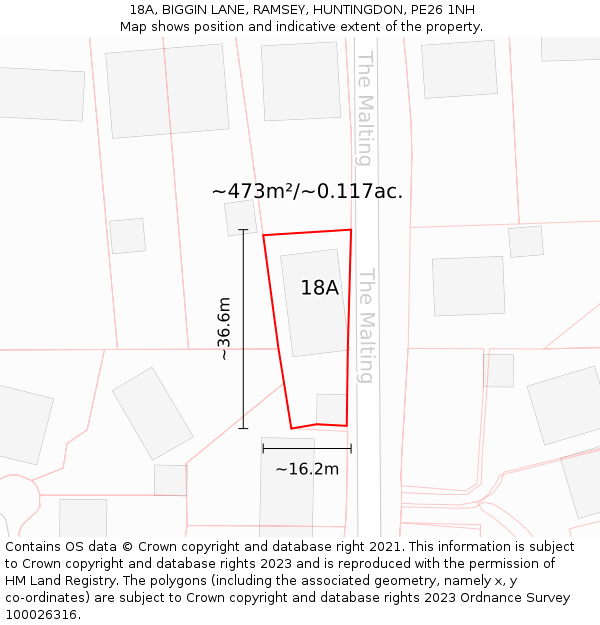 18A, BIGGIN LANE, RAMSEY, HUNTINGDON, PE26 1NH: Plot and title map