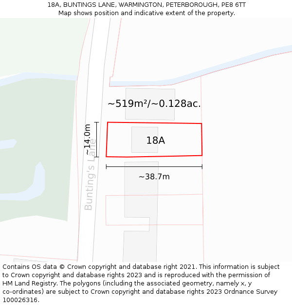 18A, BUNTINGS LANE, WARMINGTON, PETERBOROUGH, PE8 6TT: Plot and title map