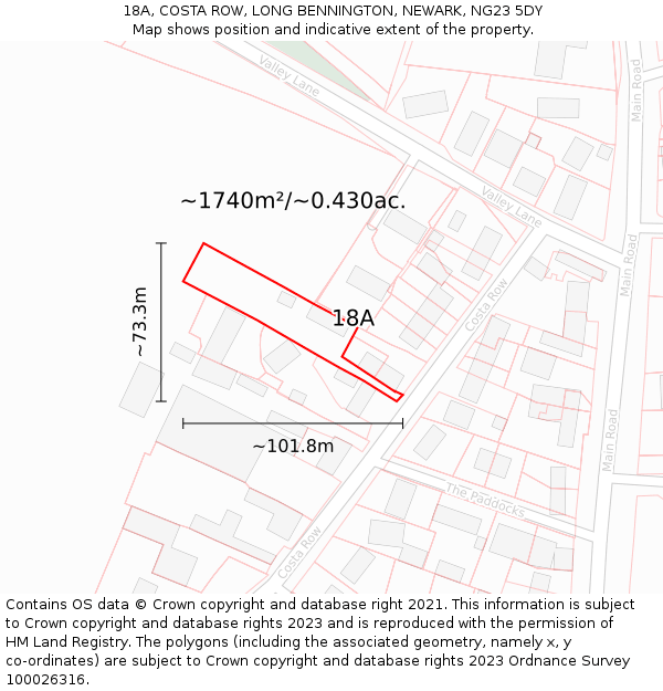 18A, COSTA ROW, LONG BENNINGTON, NEWARK, NG23 5DY: Plot and title map