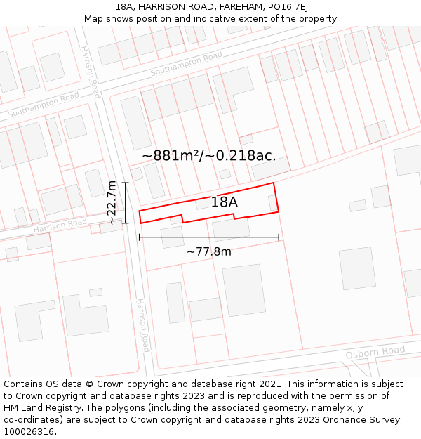 18A, HARRISON ROAD, FAREHAM, PO16 7EJ: Plot and title map