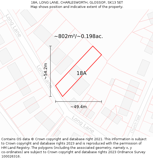 18A, LONG LANE, CHARLESWORTH, GLOSSOP, SK13 5ET: Plot and title map