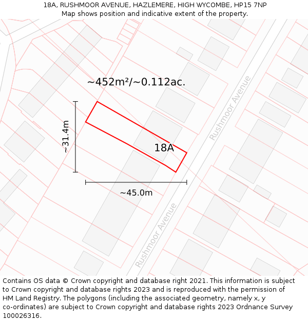 18A, RUSHMOOR AVENUE, HAZLEMERE, HIGH WYCOMBE, HP15 7NP: Plot and title map