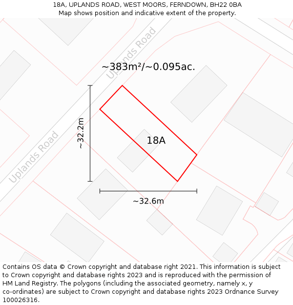 18A, UPLANDS ROAD, WEST MOORS, FERNDOWN, BH22 0BA: Plot and title map