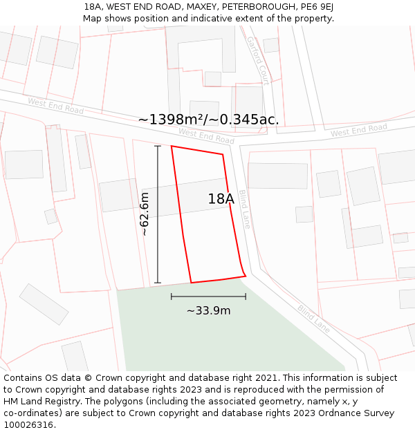 18A, WEST END ROAD, MAXEY, PETERBOROUGH, PE6 9EJ: Plot and title map