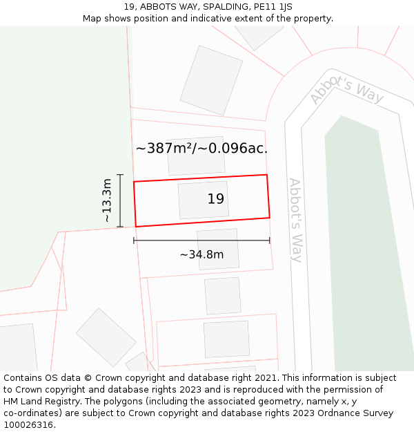 19, ABBOTS WAY, SPALDING, PE11 1JS: Plot and title map