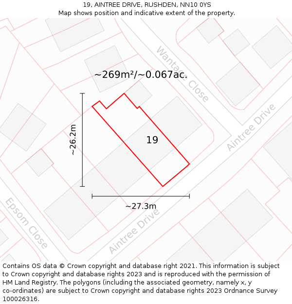 19, AINTREE DRIVE, RUSHDEN, NN10 0YS: Plot and title map
