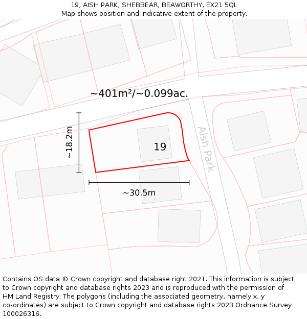 19, AISH PARK, SHEBBEAR, BEAWORTHY, EX21 5QL: Plot and title map