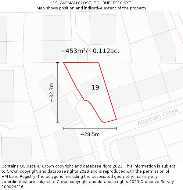 19, AKEMAN CLOSE, BOURNE, PE10 9XE: Plot and title map