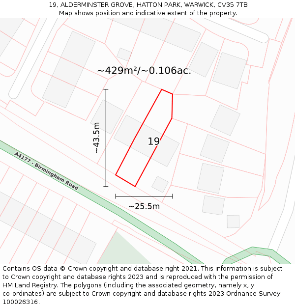 19, ALDERMINSTER GROVE, HATTON PARK, WARWICK, CV35 7TB: Plot and title map