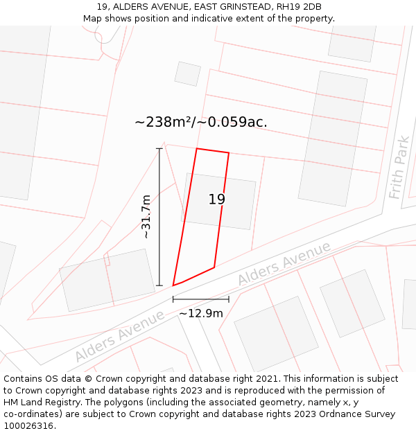 19, ALDERS AVENUE, EAST GRINSTEAD, RH19 2DB: Plot and title map