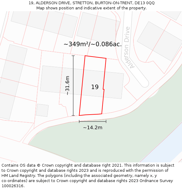 19, ALDERSON DRIVE, STRETTON, BURTON-ON-TRENT, DE13 0QQ: Plot and title map