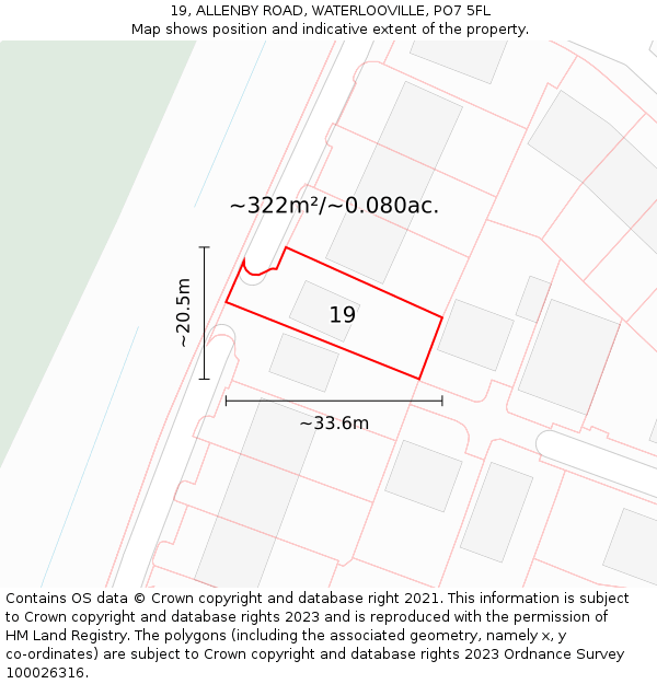 19, ALLENBY ROAD, WATERLOOVILLE, PO7 5FL: Plot and title map
