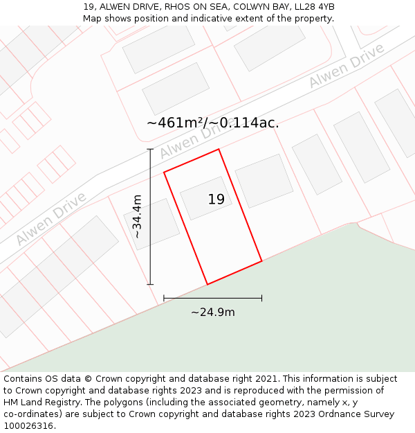19, ALWEN DRIVE, RHOS ON SEA, COLWYN BAY, LL28 4YB: Plot and title map