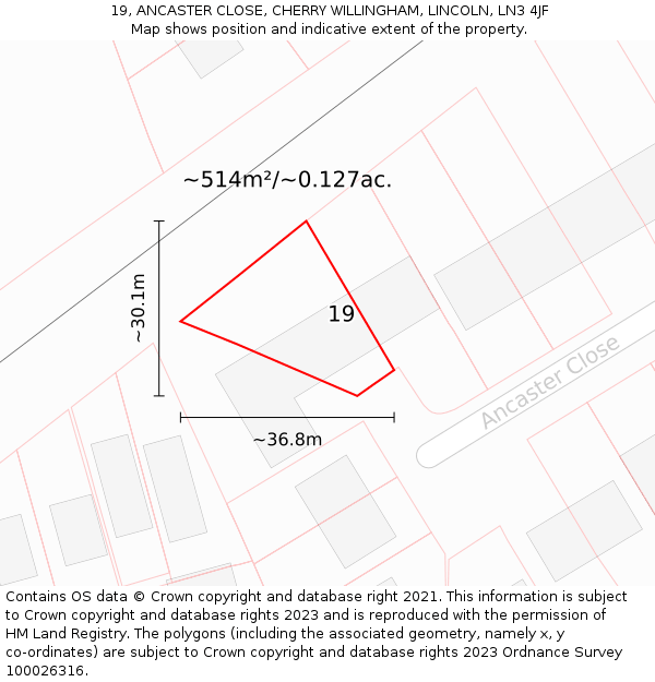 19, ANCASTER CLOSE, CHERRY WILLINGHAM, LINCOLN, LN3 4JF: Plot and title map
