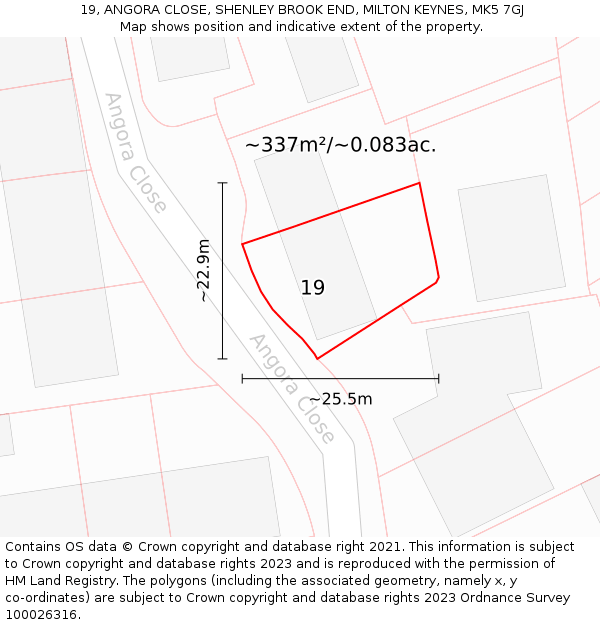 19, ANGORA CLOSE, SHENLEY BROOK END, MILTON KEYNES, MK5 7GJ: Plot and title map