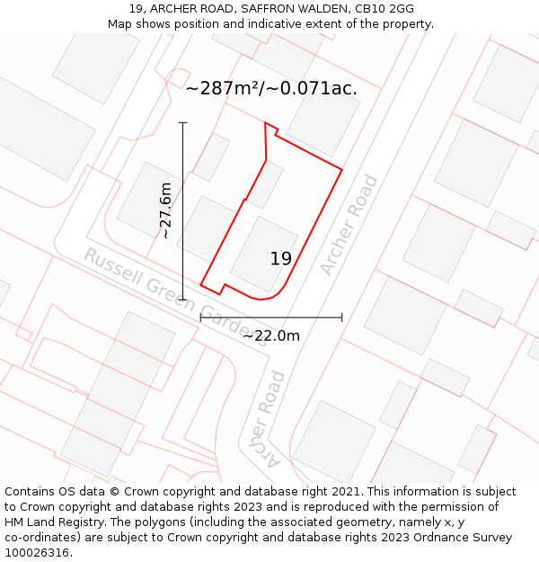 19, ARCHER ROAD, SAFFRON WALDEN, CB10 2GG: Plot and title map