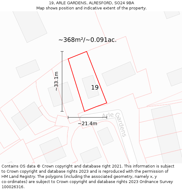 19, ARLE GARDENS, ALRESFORD, SO24 9BA: Plot and title map