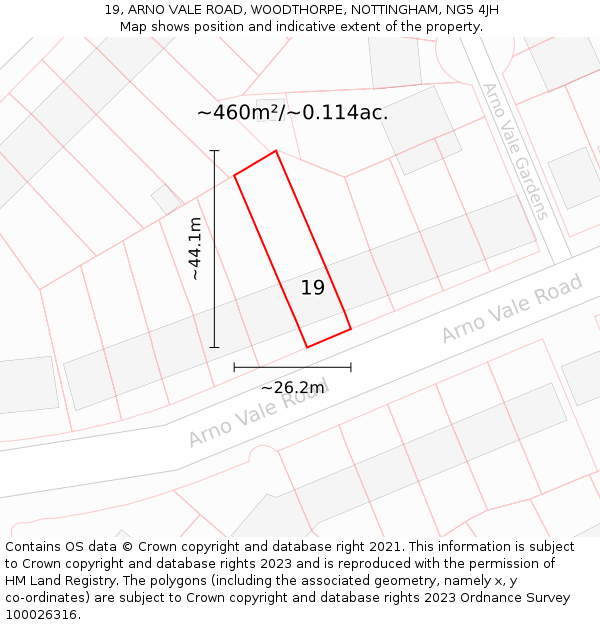 19, ARNO VALE ROAD, WOODTHORPE, NOTTINGHAM, NG5 4JH: Plot and title map