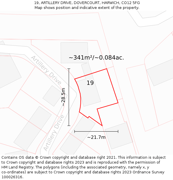 19, ARTILLERY DRIVE, DOVERCOURT, HARWICH, CO12 5FG: Plot and title map