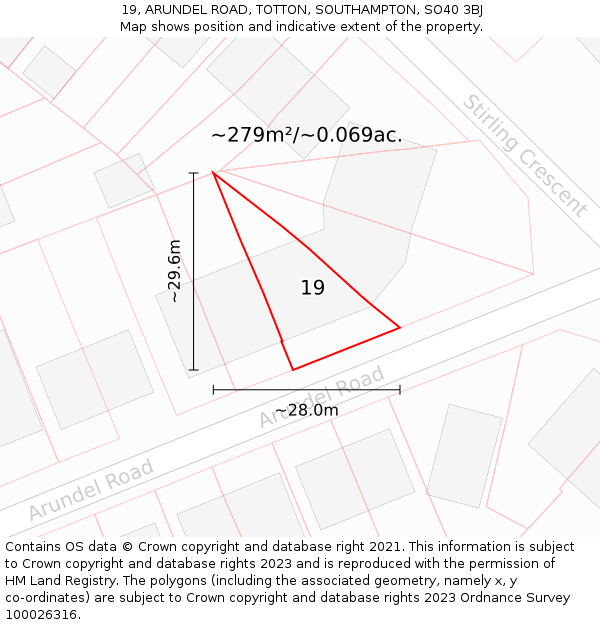 19, ARUNDEL ROAD, TOTTON, SOUTHAMPTON, SO40 3BJ: Plot and title map