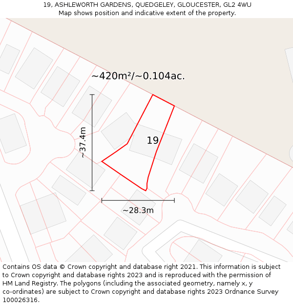 19, ASHLEWORTH GARDENS, QUEDGELEY, GLOUCESTER, GL2 4WU: Plot and title map