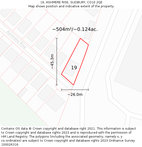 19, ASHMERE RISE, SUDBURY, CO10 2QE: Plot and title map