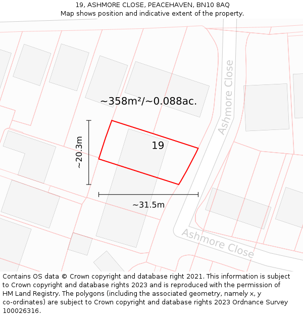 19, ASHMORE CLOSE, PEACEHAVEN, BN10 8AQ: Plot and title map