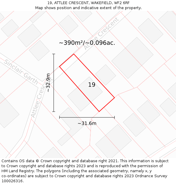 19, ATTLEE CRESCENT, WAKEFIELD, WF2 6RF: Plot and title map