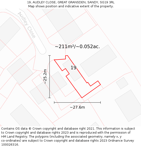 19, AUDLEY CLOSE, GREAT GRANSDEN, SANDY, SG19 3RL: Plot and title map