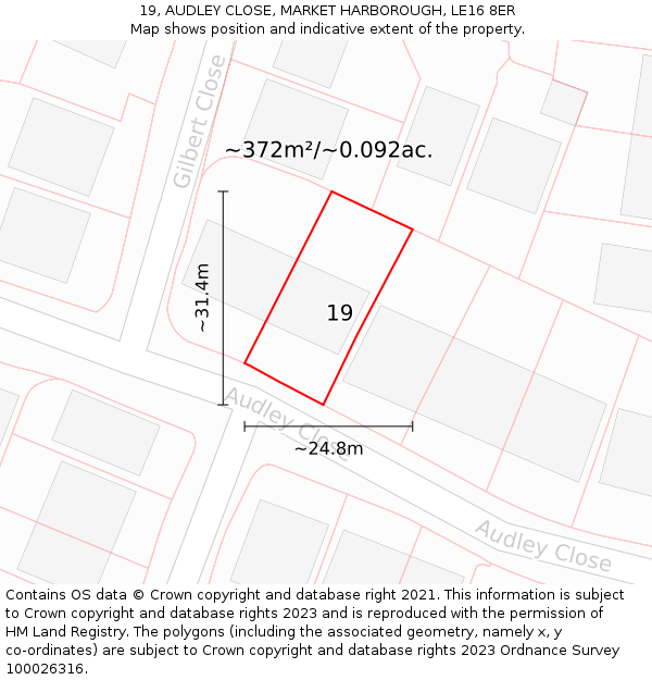 19, AUDLEY CLOSE, MARKET HARBOROUGH, LE16 8ER: Plot and title map