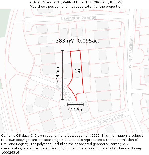 19, AUGUSTA CLOSE, PARNWELL, PETERBOROUGH, PE1 5NJ: Plot and title map