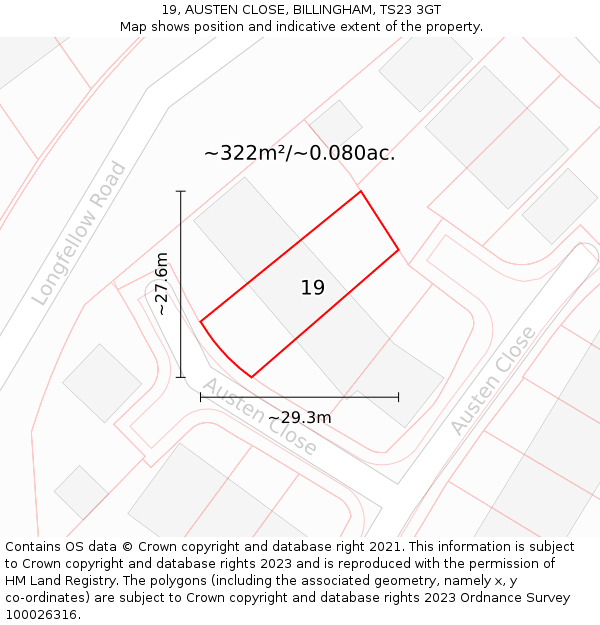 19, AUSTEN CLOSE, BILLINGHAM, TS23 3GT: Plot and title map