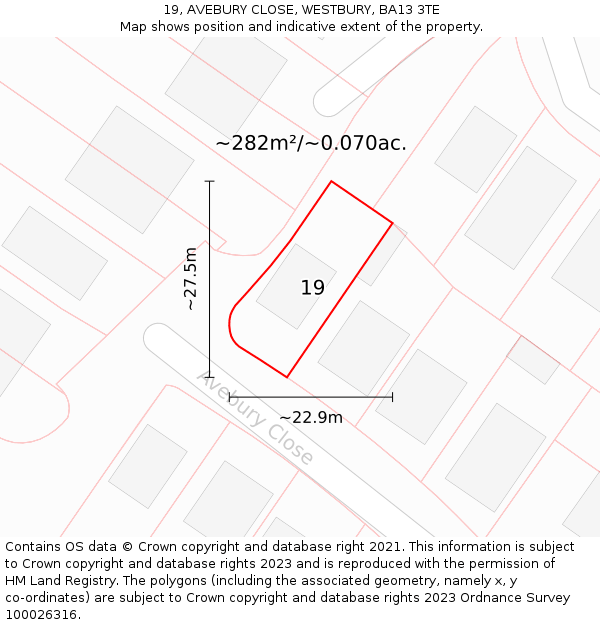 19, AVEBURY CLOSE, WESTBURY, BA13 3TE: Plot and title map