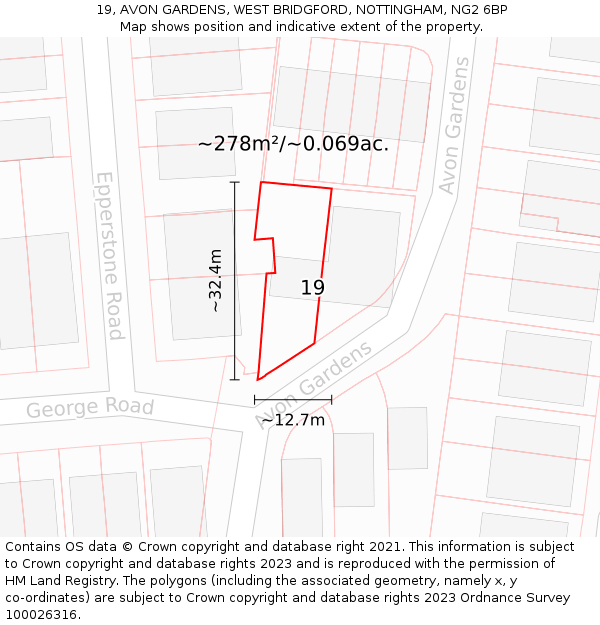 19, AVON GARDENS, WEST BRIDGFORD, NOTTINGHAM, NG2 6BP: Plot and title map